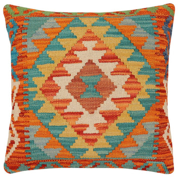 handmade Traditional Pillow Rust Blue Hand-Woven SQUARE 100% WOOL Hand woven turkish pillow2' x 2'
